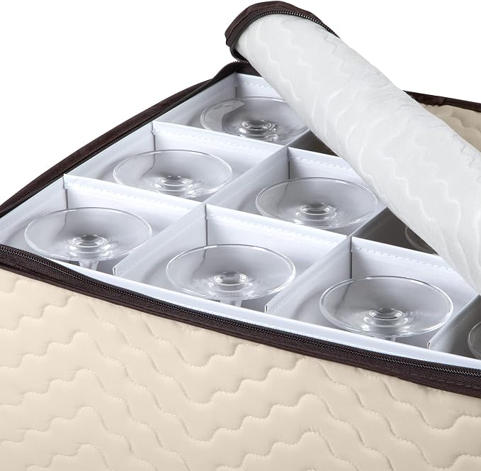 Wine Glass Storage Box with Dividers, Holds 12 Glasses up to 3.75" Wide | Stemware Storage Case, Protects Fine China, Durable Quilted Microfiber, Carry Handles, Ideal for White Wine