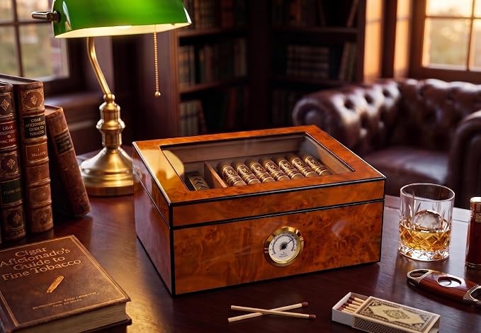 Cigar Humidor Case, Holds 25-50 Cigars, Tempered Glass Top Display, Handcrafted Spanish Cedar Wood Desktop Cigar Box with Divider, Humidifier, Hygrometer, Burlwood Blond,