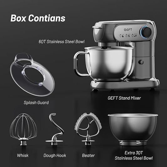 Stand Mixer, 3.5QT+6QT Two Bowls Kitchen Electric Mixer, 600W 6+P speed Tilt-Head Food Mixer with Stainless Steel Bowl, Dishwasher-Safe Dough Hook, Flat Beater, Wire Whisk, Splash Guard, Grey