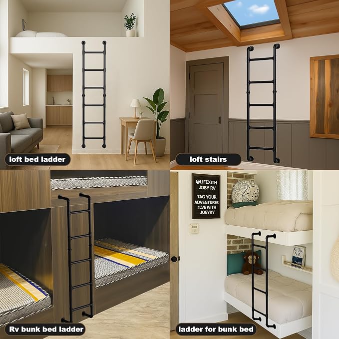 Black 4-Step Wall Mounted Steel Ladder, 4FT Egress Window Well Loft Ladder for Bedroom, Bunk Bed, Camper, Dorm – Wall/Floor-Mounted Indoor Climb Step for Small Space, Blanket Rack, Basement, Gym