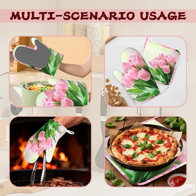 Pink Tulips Romantic Silicone Oven Mitts and Pot Holders,Heat-Resistant 4 Piece Kitchen Set Non-Slip Oven Gloves and Hot Pads for Cooking, Baking, Grilling,BBQ
