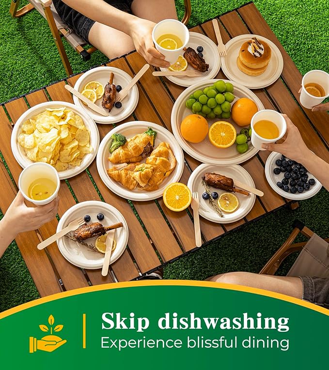 100% Compostable Paper Plates, 9 Inch, 125 Count, Biodegradable Bagasse Plates, Heavy Duty Disposable Plates Bulk for Party | Microwave-Safe | Soak-Resistant, Cut Resistant