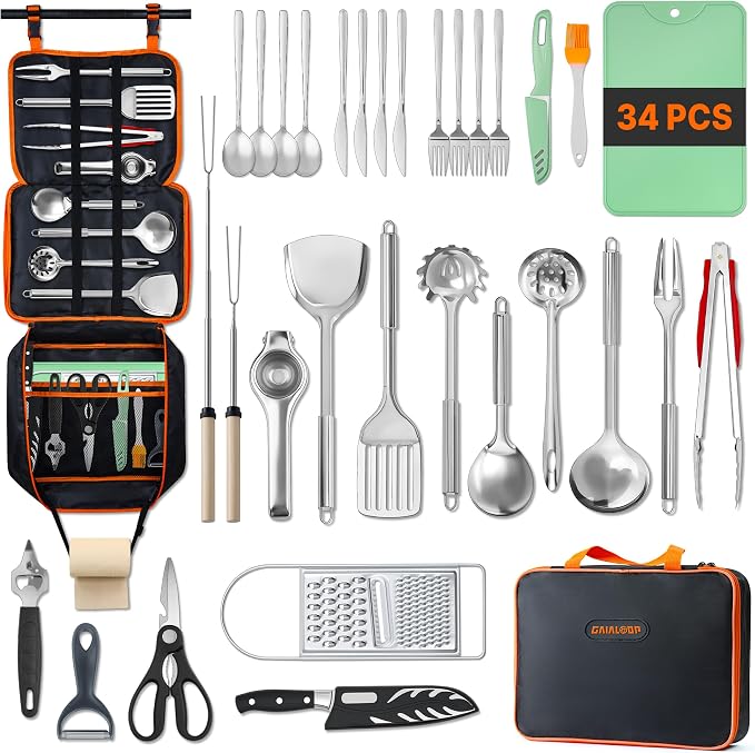 Gaialoop Portable Camping Cooking Utensils Set, Camp Kitchen Set with Organizer Bag, RV Essentials Outdoor Cooking Utensil Kit for Travel, Picnics, Camping, BBQs, Parties