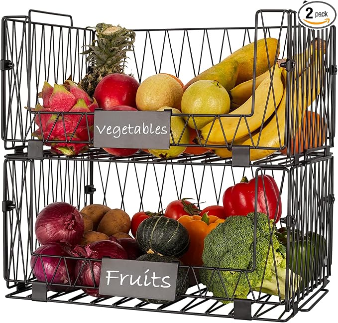 2 PACK XXL Stackable Wire Baskets for Pantry Organization and Storage | Heavy Duty Metal Wire Baskets with Labels,Open Front Pantry Bins for Kitchen,Snacks,Chips,Cans,Potatoes & Produce