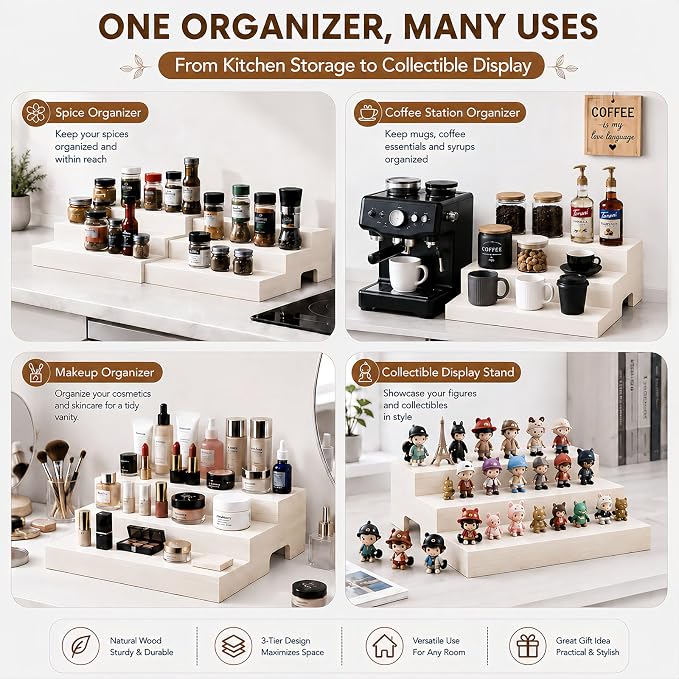 Expandable Can Organizer for Pantry Fits Up to 24 20-oz Canned Food, White | 3-Tier Can Storage Holder for Kitchen Cabinet, Solid Wood Canned Goods Pantry Organizer Shelf, Visible & Accessible Display