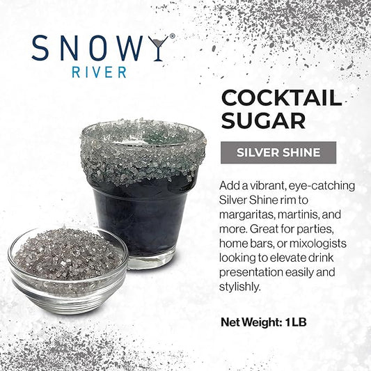 Snowy River Silver, Cocktail & Margarita Sugar Rimmer - Vibrant Naturally Colored Sugar for Cocktail Rimming, Baking & Decorating, Medium Crystal - 16oz