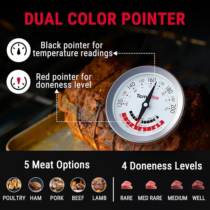 TempPro APT200 Meat Thermometer for Cooking with Extra-Large 2-Inch Dial, Analog Dial Food Cooking Thermometer for Poultry, Ham, Pork, Beef Candy Making Accessory (Previously ThermoPro)