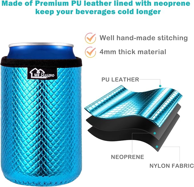 WKIEASON 12OZ Standard Can Coolers Sleeve Neoprene Can Coozies Insulators Can Koozies Cover for Beer Bottle PU Leather Neoprene Can Coolier for Soda Beverage Cokecola Can Sleeves-3PCS Pack