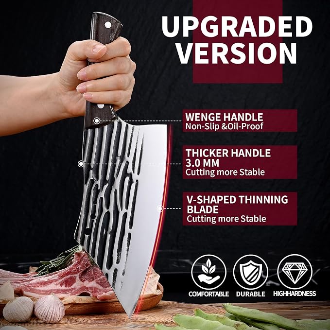 SHI BA ZI ZUO Butcher Knife Forged Cleaver Knife Ultra Sharp Kitchen Knife Chef Knife for Meat Cutting with Wooden Handle