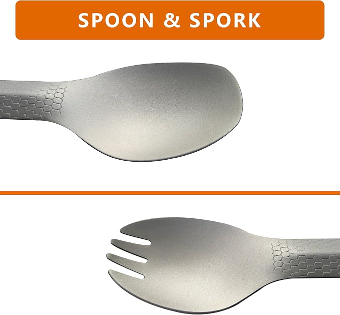 3 in1 Titanium Ultralight Cutlery Set, Long Handle Spoon and Spork, Camping tong, Travel Utensils with Bag (16CM)