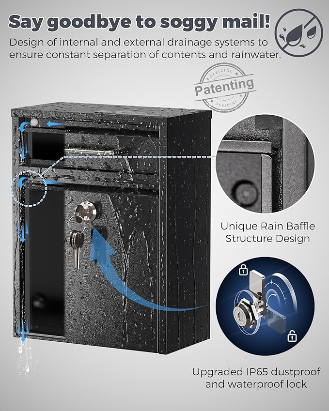 LAND·VOI Mailbox for Outside Wall Mount, Heavy Duty Rustproof, Anti-Theft Locking Mailbox with 4 Keys, Weatherproof for Residential & Apartment, 12.2"×9.5"×4.7", Black, Small