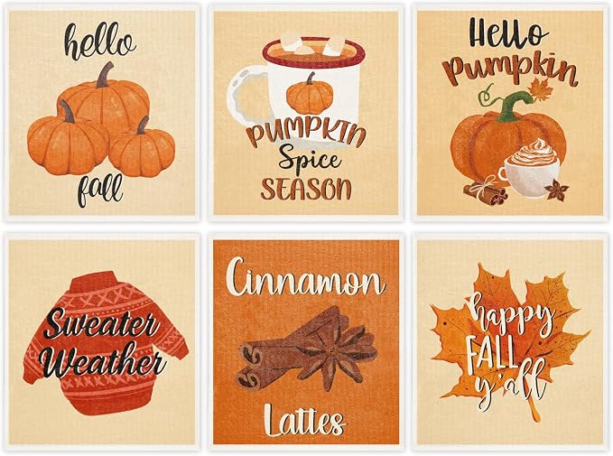 Whaline 6 Pcs Fall Thanksgiving Swedish Dishcloths Pumpkin Maple Leaf Sweater Word Dish Towels Reusable Washable Cotton Kitchen Towels for Autumn Baking Cooking Home Kitchen Decor, 6.7 x 7.7 Inch
