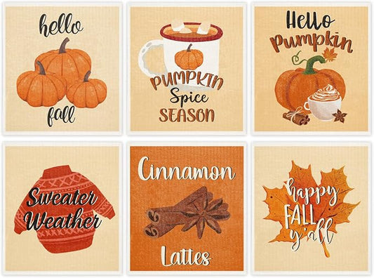 Whaline 6 Pcs Fall Thanksgiving Swedish Dishcloths Pumpkin Maple Leaf Sweater Word Dish Towels Reusable Washable Cotton Kitchen Towels for Autumn Baking Cooking Home Kitchen Decor, 6.7 x 7.7 Inch