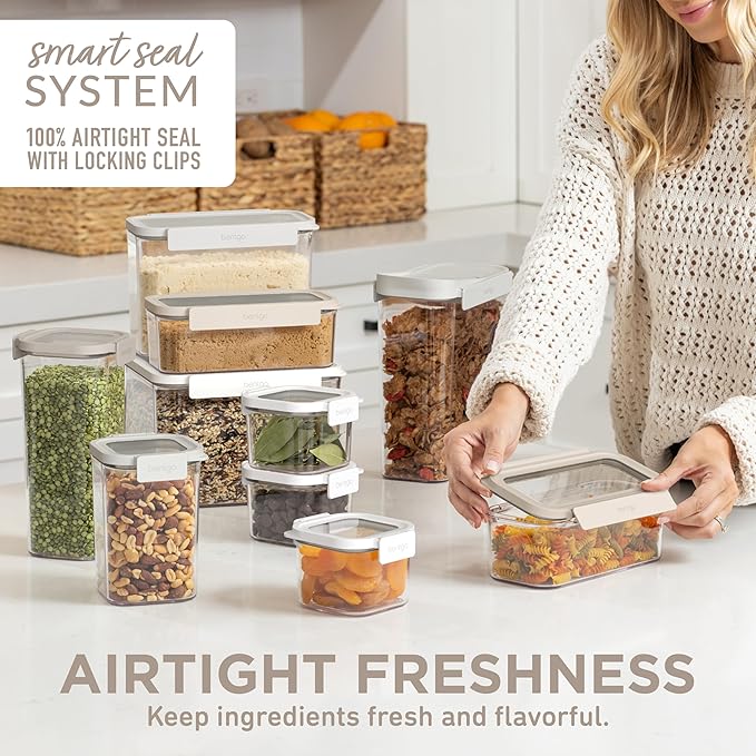Bentgo Pantry - 22-Piece Airtight Food Storage Containers, Clear and Stackable Kitchen and Pantry Organization Set, Locking Lids for Freshness, Bonus Cereal Lid & Scoop, BPA-Free Plastic (White Stone)