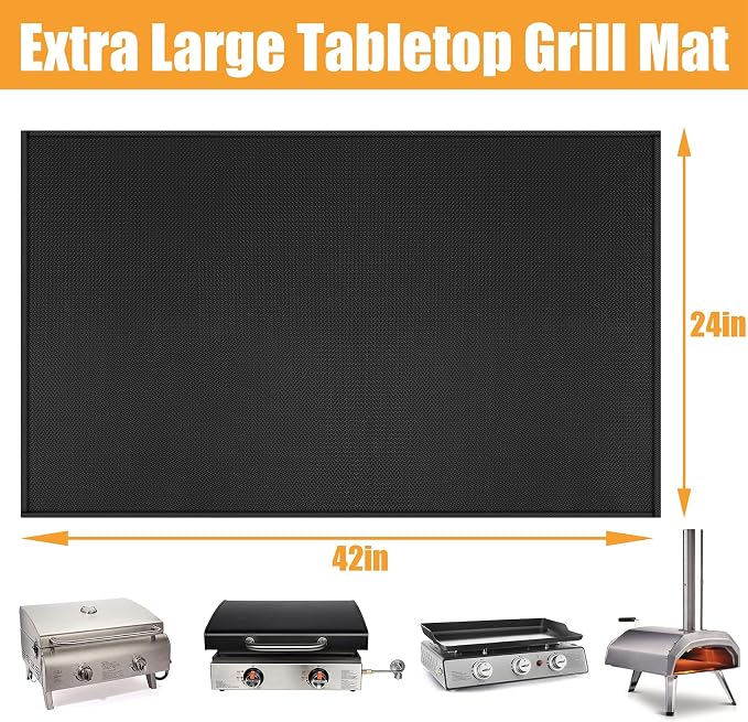 24x42in Heat Resistant Grill Mats for Outdoor Grill to Protect Your Prep Table and Outdoor Grill Table - Fire Proof & Water Proof & Oil Proof BBQ Mat - Black (1mm)