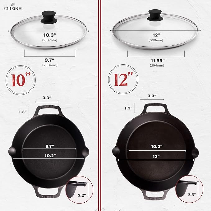 Cast Iron Skillet Set - 10" + 12"-Inch Dual Handle Frying Pans + Glass Lids + Silicone Handle Holder Covers - Pre-seasoned Oven Safe Cookware - Indoor/Outdoor Use - Grill, Stovetop, Induction Safe