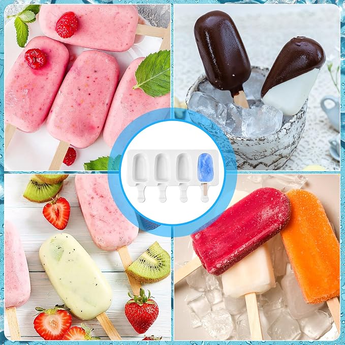 8 Set Small Silicone Popsicle Molds Ice Cream Mould, 4 Cavity Oval Cake Pop Mold with 400 Wooden Sticks for DIY Frozen Treats, White