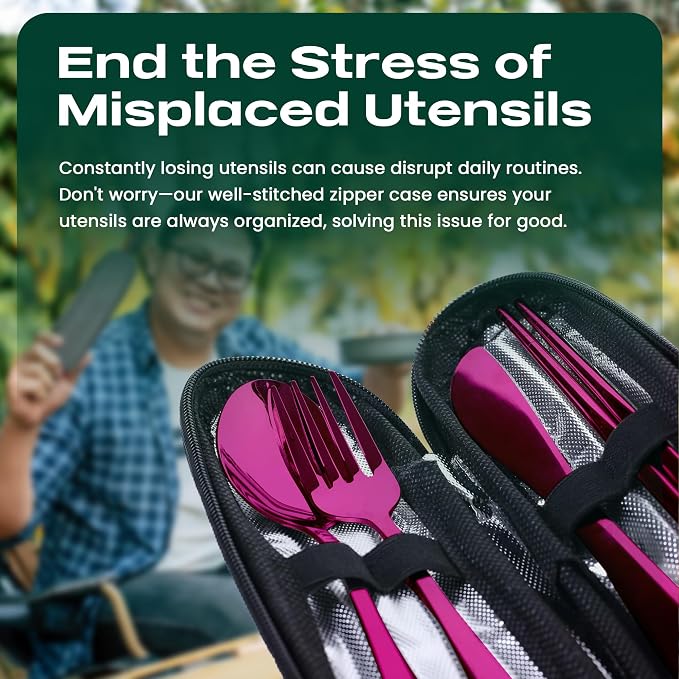 Taplord Portable Travel Silverware Set With Case, Includes 5 Pcs of Travel Utensils With Case, Stainless Steel Flatware Set For Camping, Easy to Travel, Lightweight (Purple), Medium, TL-05P