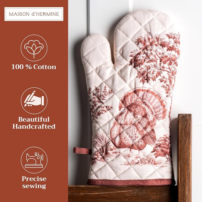 Maison d'Hermine Oven Gloves 100% Cotton Oven Mitt (7" x 13", Pack of 1) | With Loop Heat Resistant BBQ Cooking Gloves Baking Kitchen Handling Hot Pans Thanksgiving Christmas - Holy Jouy - Brown