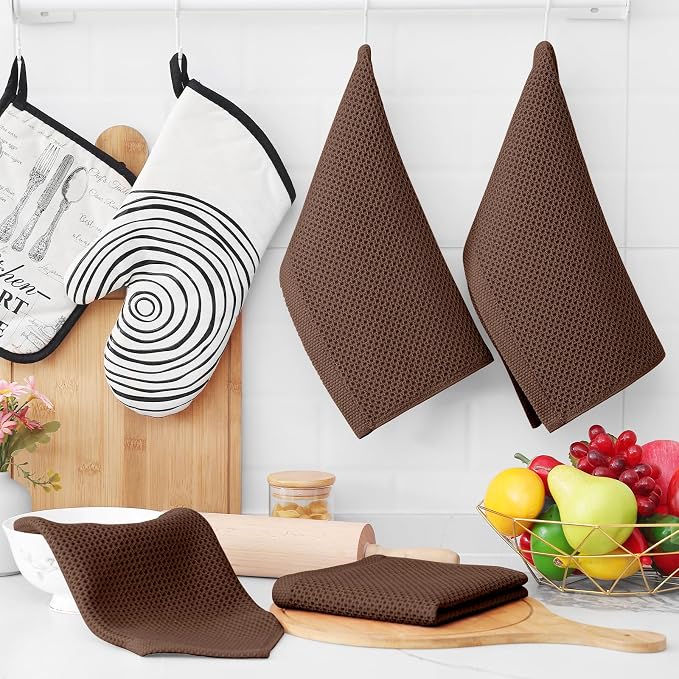 Homaxy 100% Cotton Waffle Weave Kitchen Dish Cloths, 4-Pack, Coffee | 12 x 12 Inches, Ultra Soft Absorbent Dish Towels, Quick Drying Dish Rags with Hanging Loop