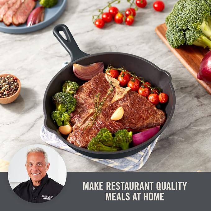 DASH Zakarian x Nonstick Cast Iron Skillet - Versatile Frying Pan Cookware - Oven-Safe Searing Skillet with Pour Spout and Quick-Clean Surface - Rust-Resistant - Black, 9.5-Inch