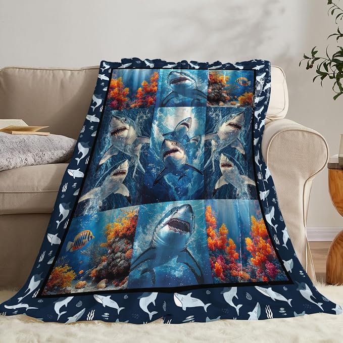 Yibuda Shark Blanket Ocean Underwater Flannel Plush Throw Blanket Cozy Nautical Coral Decor Fleece Stuff Blanket Gifts for Lover Girls Boys Kids Adults Women Bed Travel 60"x80"