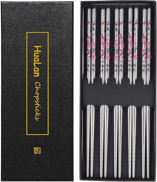 Stainless Steel Chopsticks, Metal Chopsticks, Reusable Non-slip Design Chop Sticks, 5 Pairs Gift Set,Plum Pattern Design