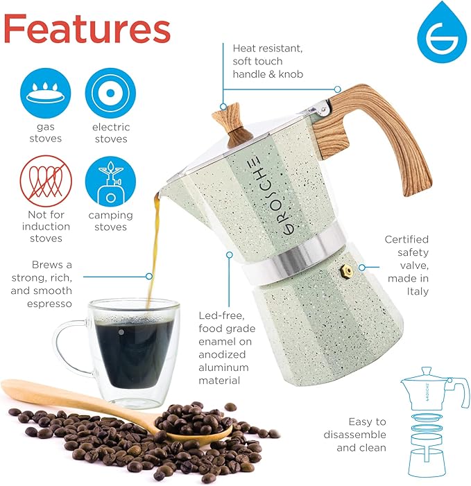 GROSCHE Milano Moka pot, Stovetop Espresso maker, Greca Coffee Maker, Stovetop coffee maker and espresso maker percolator (Mint, 6 cup)