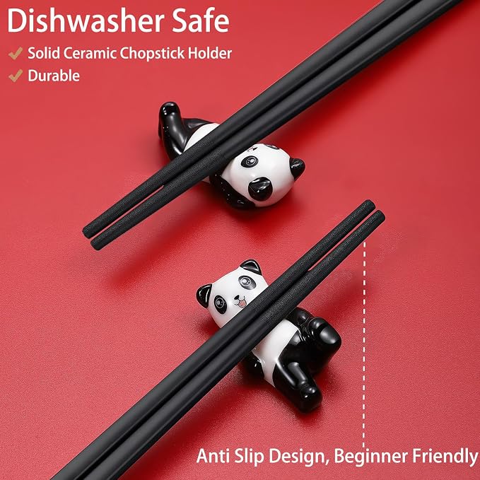 Panda Chopsticks With Rest Gift Set, 2PC Black | Dishwasher Safe, Reusable Fiber Glass Chopsticks, Porcelain Cute Panda Chopstick Holder, Non-slip, Chinese Japanese Style