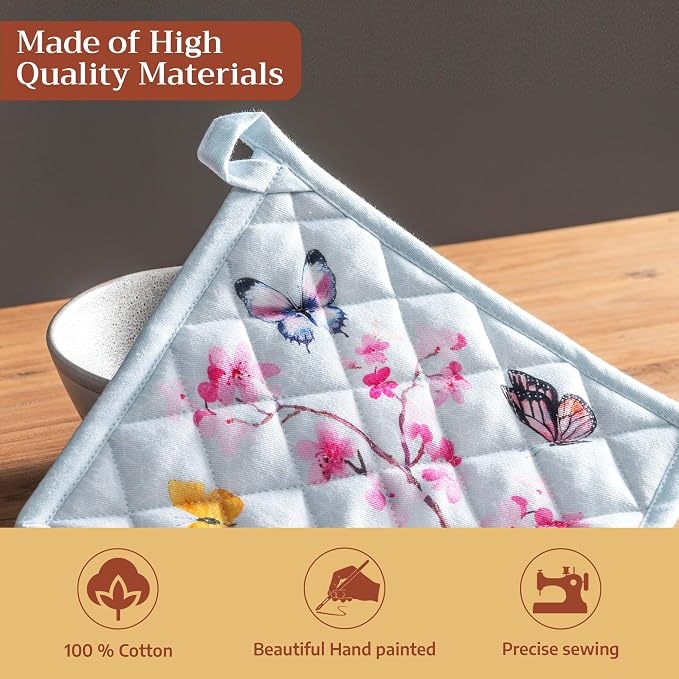 Maison d' Hermine Pot Holders 100% Cotton Potholders (8" x 8", Pack of 2) | Heat Resistant Hot Pads with Loop BBQ Cooking Baking Farmhouse Kitchen Handling Hot Pans Spring Summer - Blossoms in Spring