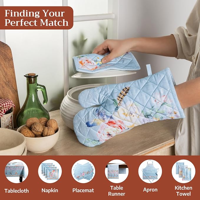 Maison d'Hermine Oven Gloves 100% Cotton Oven Mitt (7" x 13", Pack of 1) | With Loop Heat Resistant BBQ Cooking Gloves Baking Grilling Kitchen Handling Hot Pans Spring Summer - Ibiza - Blue