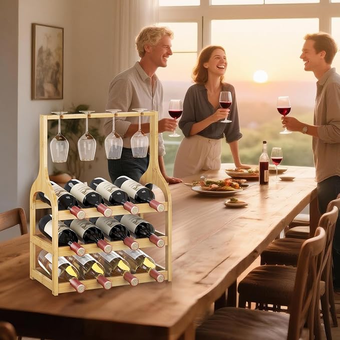Bamboo Small Wine Rack Countertop, Freestanding Bottle Storage Holder | 12 Wine Bottles and 4 Glass Holder | Wooden Wine Storage Organizer Shelves for Kitchen Bar, Cellar, & Dining Room | Natural