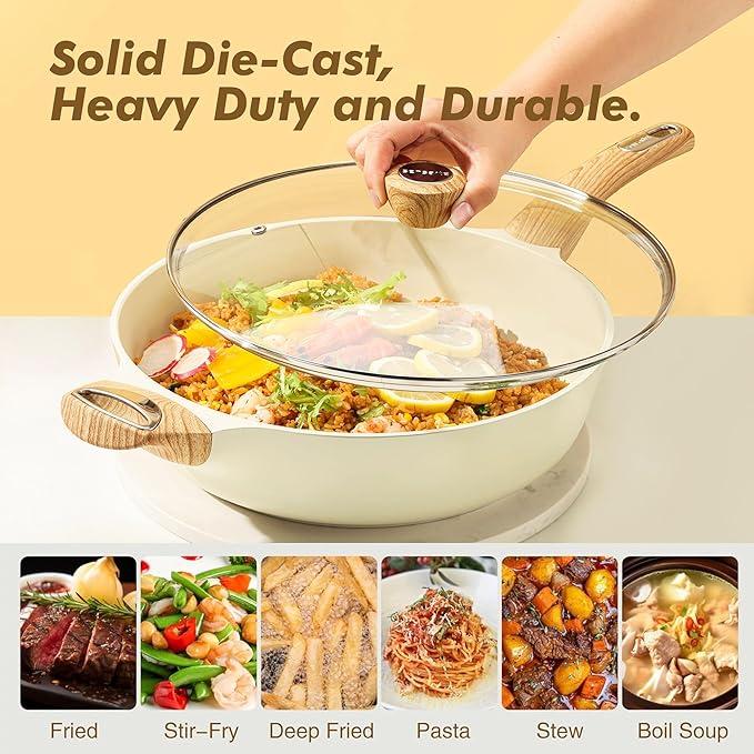 SENSARTE Ceramic Nonstick Frying Pan Skillet with Lid, 13.3 Inch Large Deep Frying Pan, 6 Qt Saute Pan, Induction Pan, Healthy Non Toxic Cooking Pan with Helper Handle, PFOA PFAS PTFE Free