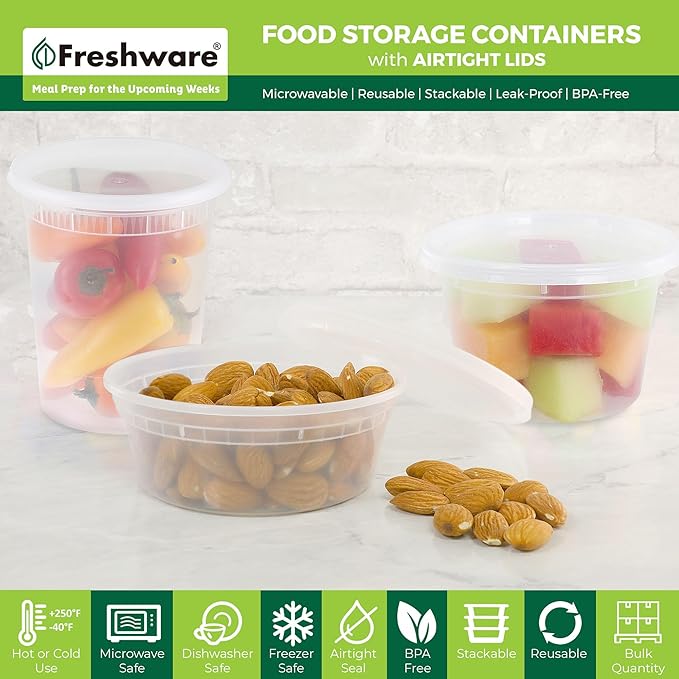 Freshware Food Storage Containers with Lids [8/16/32 oz x 20 each, 60 sets] Deli Containers, Microwave and Freezer Safe, Stackable, Leakproof, BPA Free, Clear
