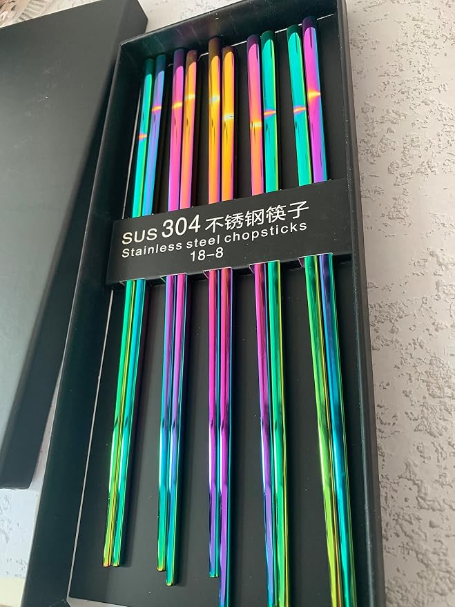 Koolemon 5pairs Polished Multicolor Rainbow 304 Stainless Steel Chopsticks Set,Metal Chopsticks Reusable, Dishwasher Safe, Traditional Chopstick,9.3inch,Chinese Japanese Chop stick