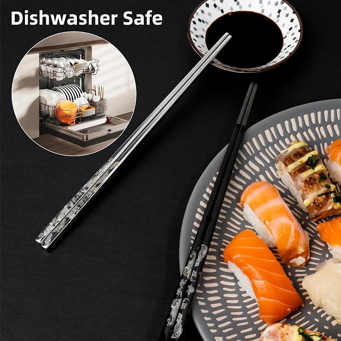 Reusable Metal Chopstick, Non-Slip Grip, Dishwasher Safe, Japanese & Korean Style, 2 Pairs Stainless Steel Chopsticks Gift Set for Cooking, Dining & Travel 18/10(9")