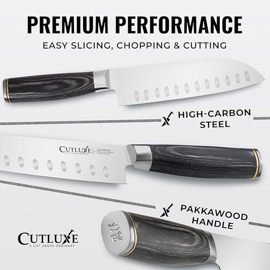 Cutluxe Santoku Knife – Ultra Sharp 7 Inch Vegetable Japanese Knife for Chopping, High Carbon Stainless Steel Blade, Full Tang Pakkawood Handle – Shinobi Series