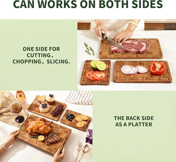 BAMBANG Bamboo Cutting Board for Kitchen with Juice Groove, End-Grain Butcher Block Chopping Boards, Checkered Wooden Cutting Boards Set of 3 with Stand, Knife-Friendly, Serving Tray