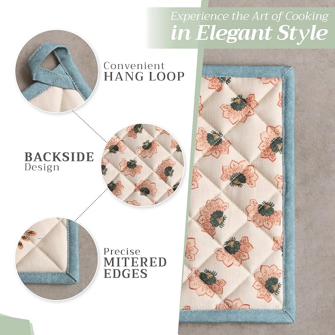 Maison d' Hermine 100% Cotton Oven Mitt & Pot Holder Set (7.5"x13" & 8"x8") | Heat Resistant BBQ Cooking Gloves with Loop Baking Grilling Kitchen Hotel Home Farmhouse Thanksgiving Christmas - Dalida