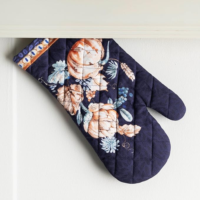 Maison d' Hermine 100% Cotton Oven Mitt & Pot Holder Set (7.5"x13" & 8"x8") | Heat Resistant BBQ Cooking Gloves with Loop Baking Grilling Kitchen Home Farmhouse Thanksgiving Christmas - Pumpkin Blues