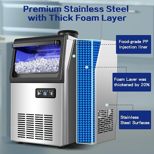 Amzgachfktch Commercial Ice Maker, 110lbs/24H Under Counter Ice Maker with 2 Water Inlet, Ice Maker Machine with 22lbs Storage, Auto Self-Cleaning, Freestanding Ice Machine for Bar Home Office