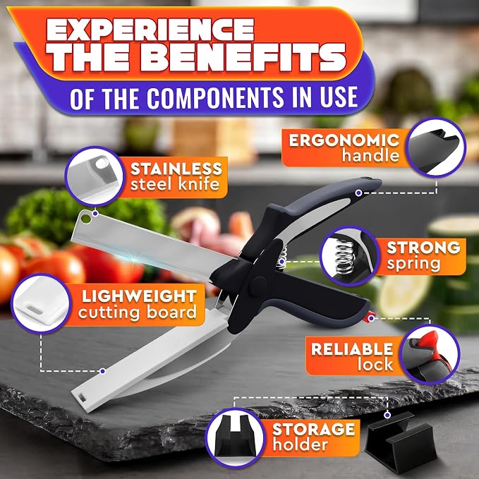 2 in 1 Kitchen Scissors for Food with Cutting Board, Safety Lock | Stainless Steel Cutting Board Scissors for Veggies, Fruit & Cheese; 9.5" Detachable Blade; Dishwasher Safe Tomato Knife
