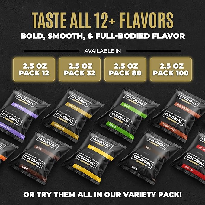 Colonial Coffee 80 Count Single Pot Coffee Packets – 100% Arabica Decaf Colombian Medium Roast | Pre-Measured Frac Packs for 12 Cup Maker | Bulk Ground Gourmet Coffee for Home & Office