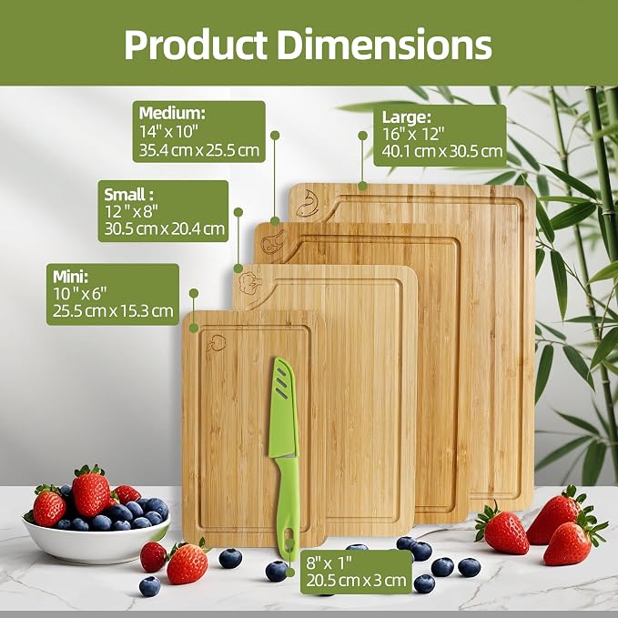 Labeled Cutting Board Set of 4, Bamboo Chopping Boards with Food Icons | Charcuterie Board Serving Tray with Juice Groove & Handles, Ideal for Meat, Vegetables, Fruits, Cheese