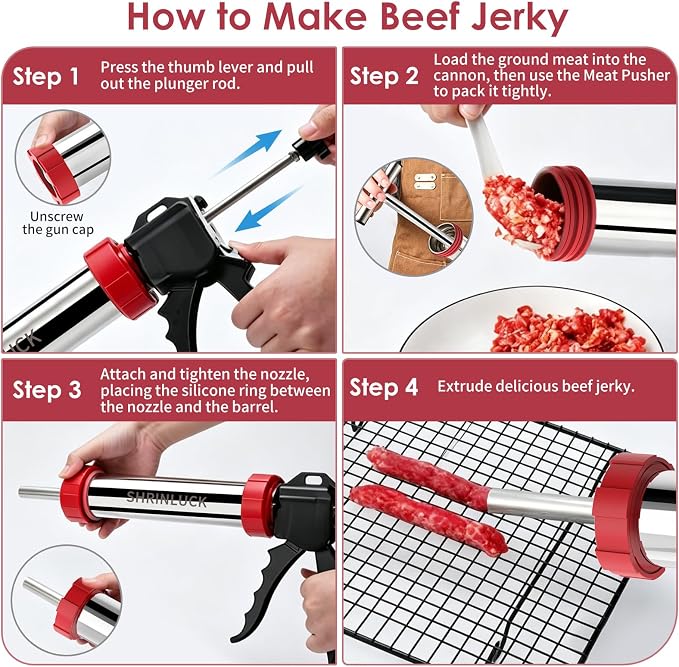 Premium 2.3LB Beef Jerky Gun Kits, Upgraded 316 Stainless Steel Jerky Maker, Sausage Stuffer, Jerky Cannon, Meat Gun, Beef Jerky Making Gun with 5 Nozzles, 1 Meat Pusher & 5 Cleaning Brushes