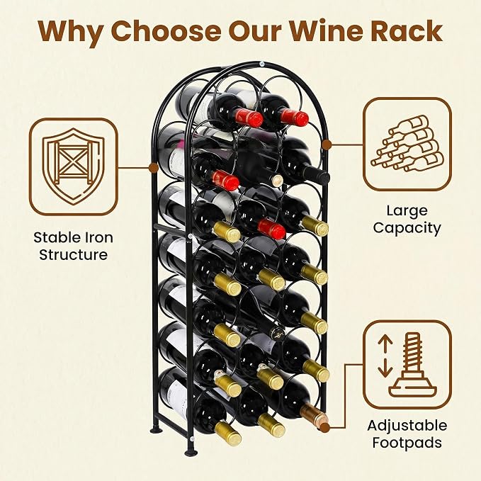 PAG 23 Bottles Arched Freestanding Floor Metal Wine Rack Wine Bottle Holders Stands, Black