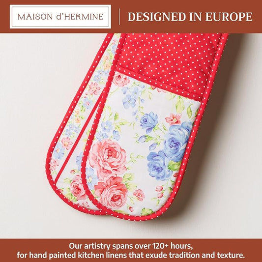 Maison d' Hermine Double Oven Mitts 100% Cotton Double Oven Glove (7"x35") | Heat Resistant BBQ Cooking Gloves with Loop Baking Grilling Kitchen Hotel Home Farmhouse Spring Summer - Vintage Floral