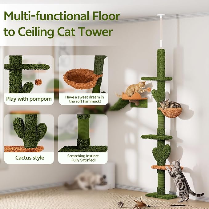 Cactus Floor to Ceiling Cat Tower, 14-in-1 Cat Wall Shelves, Green | Cats Tree with Adjustable Height(87-104 IN), Cat Climbing Wall Furniture Set for 16 Inch Drywall, with Scratching Post, Cloud