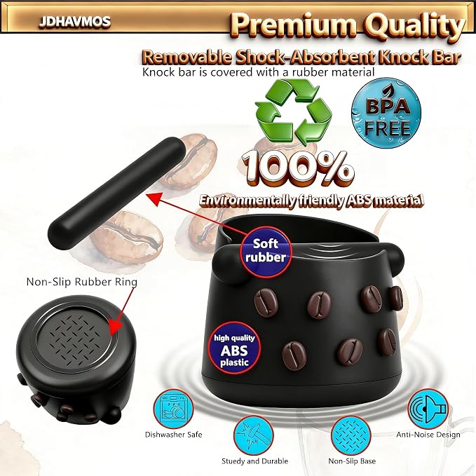 5-Inch Espresso Knock Box, Holds 15+ Coffee Pucks with Barista Towels, Removable Knock Bar & Anti-Slip Base, Espresso Machine Accessories for Home/Office (Classic Black)