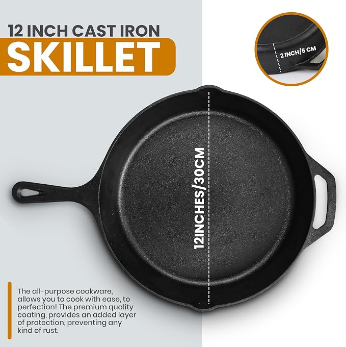 Utopia Kitchen Cast Iron Skillet 12 Inch with Lid Chefs Frying Pan Black | Chefs Pan, Pre Seasoned Skiller, Indoor and Outdoor Use, Grill Safe Cookware, Even Heat Distribution, Durable